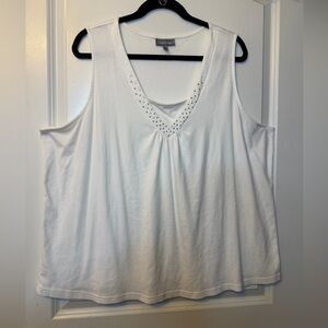 Essentials Women’s 3X White V-Neck Cotton Tank Top with Embellishments